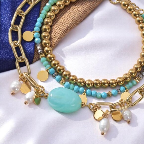 🆕️18K Gold Plated Stainless Steel Bracelet Set: Jade & Freshwater Pearls 🌟 - Picture 6 of 13